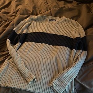 Structure Beige Crewneck Sweater with Navy Stripe